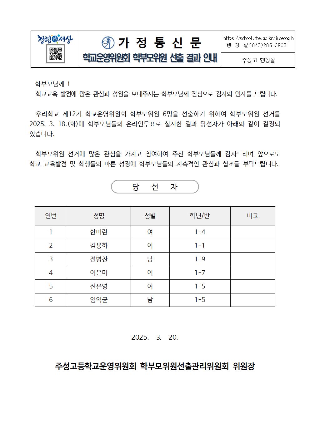 학부모위원 선출 결과 안내(가정통신문)001