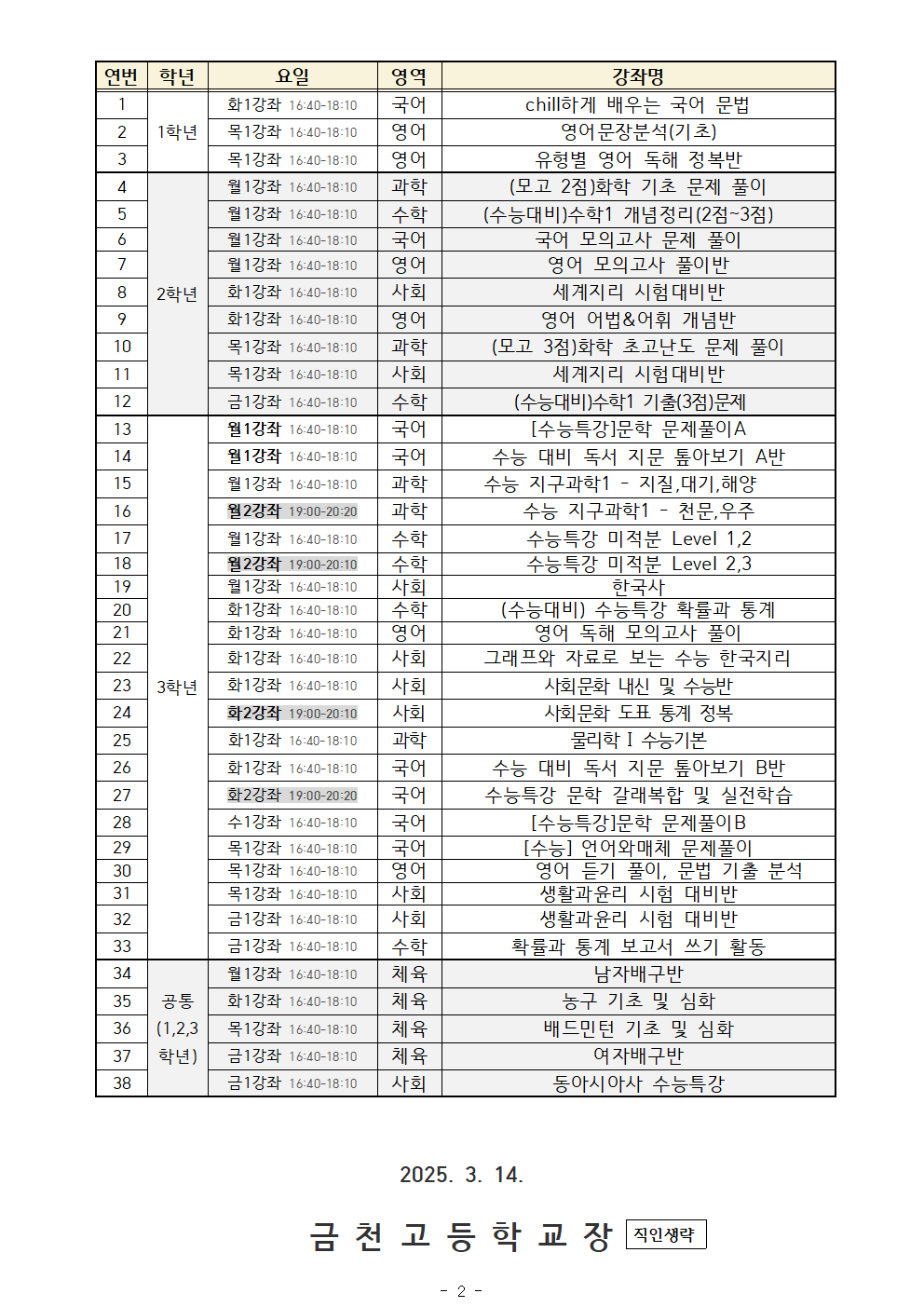 2025. 1학기 방과후학교 강좌개설 현황 및 수강신청 안내 가정통신문002