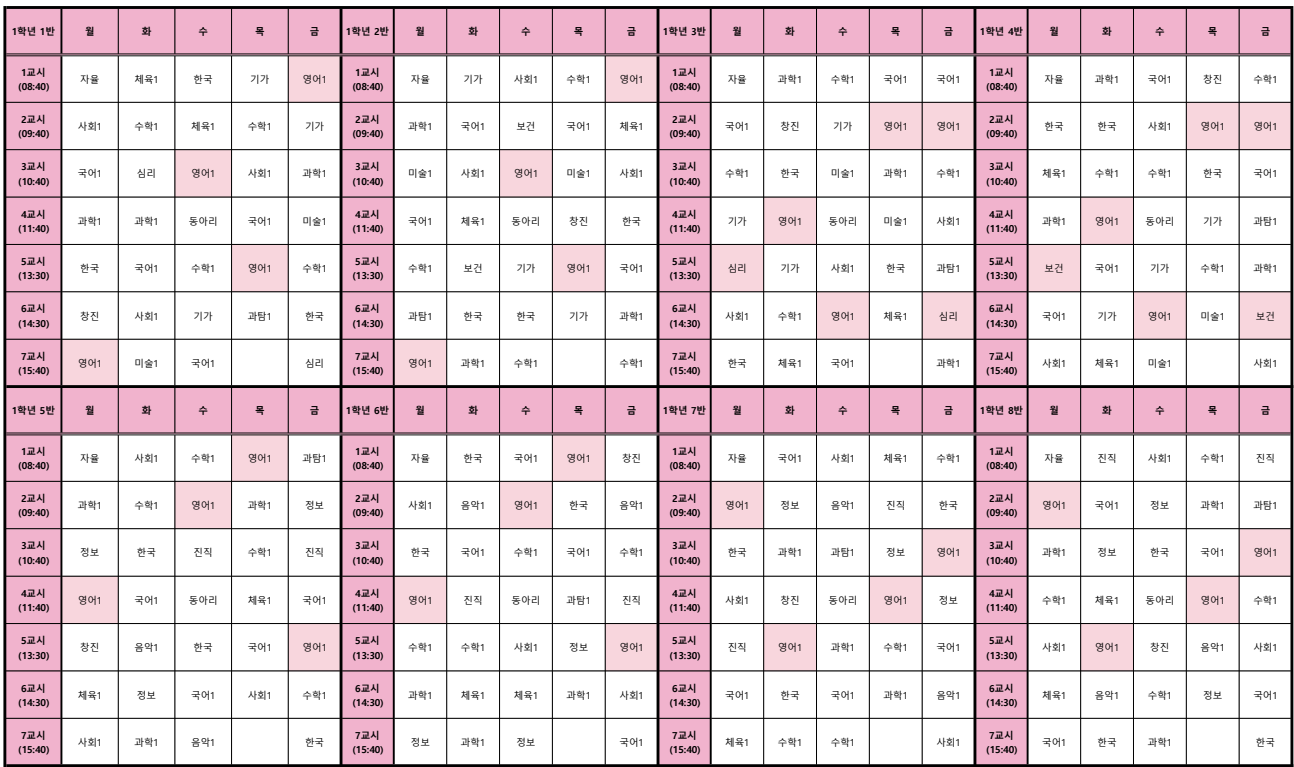 1학년 학급 시간표