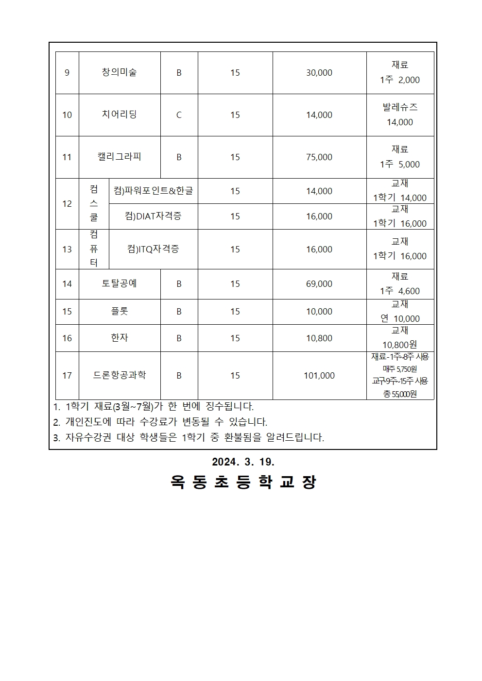 2025학년도 1학기 방과후학교 수강료 징수 안내 가정통신문002