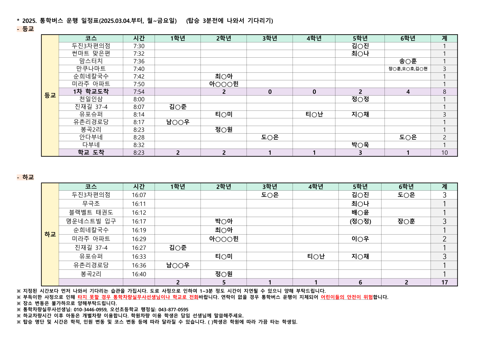 2025. 오선초 통학버스 1학기 운영코스 및 시간표(지도)_1