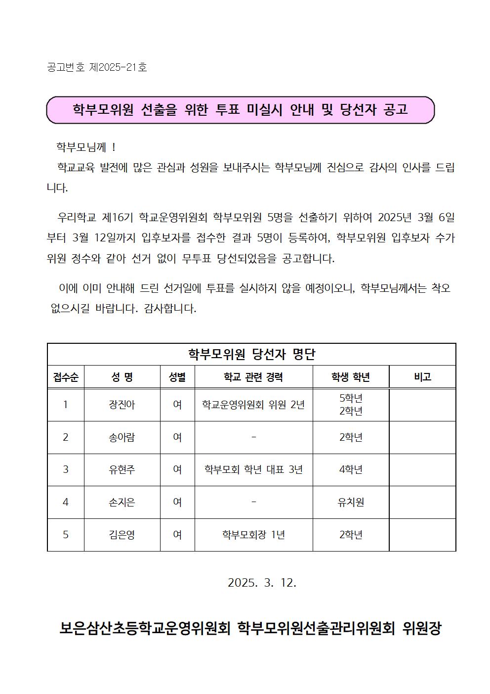 학부모위원 선출을 위한 투표 미실시 안내 및 당선자 공고