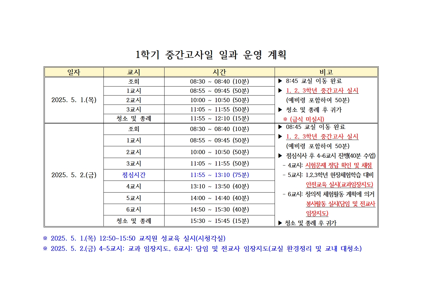 2025. 1학기 중간고사일 일과 운영 계획(변경)001