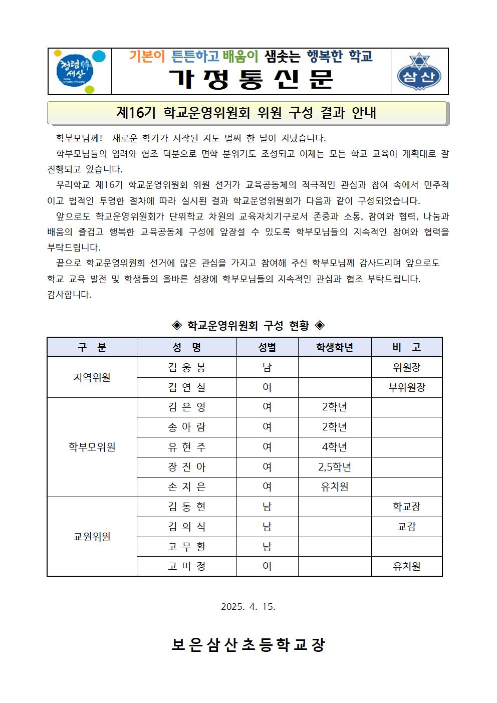 제16기 학교운영위원회 구성 결과 홍보