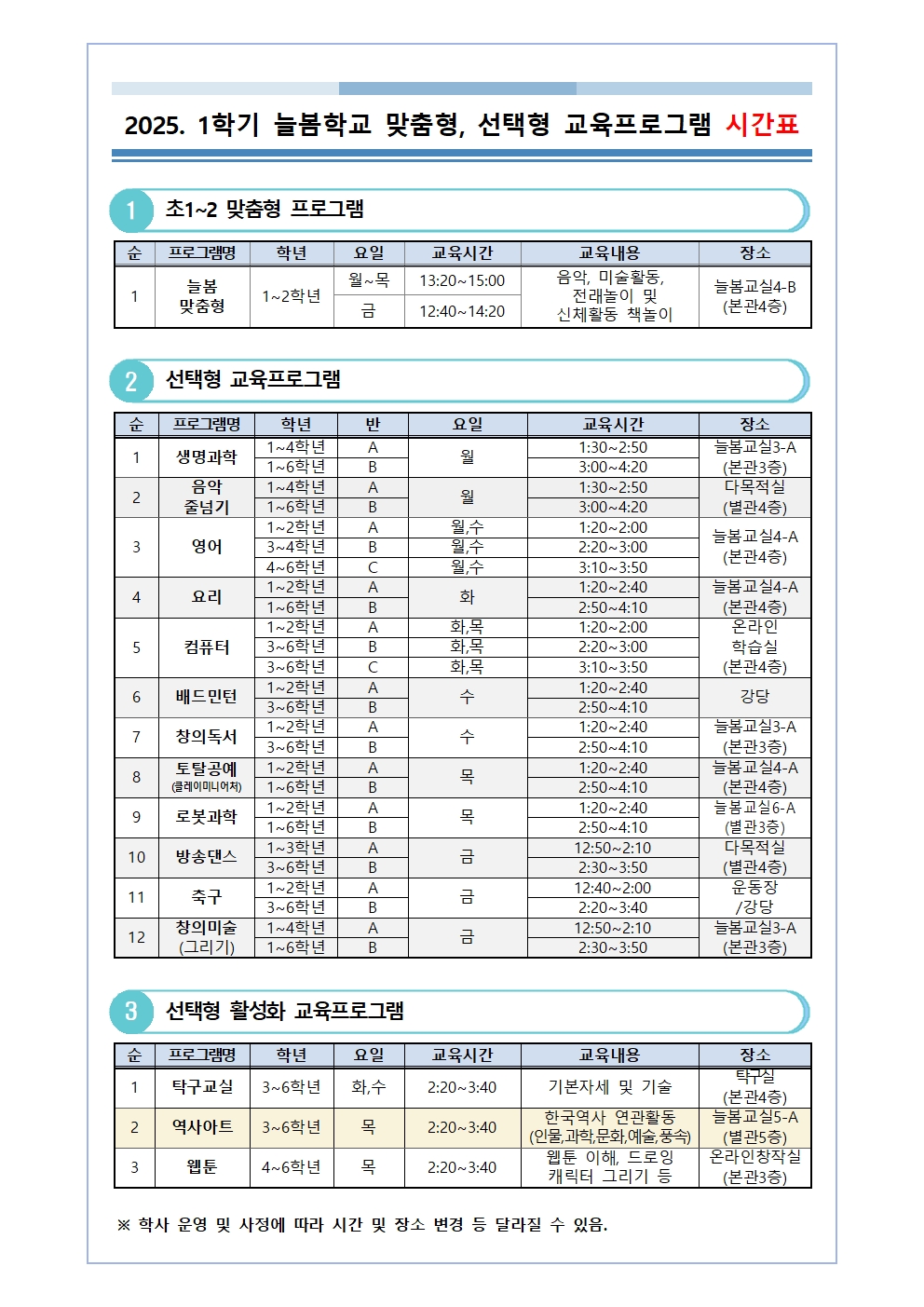 2025학년도 1학기 늘봄학교 교육프로그램 시간표001