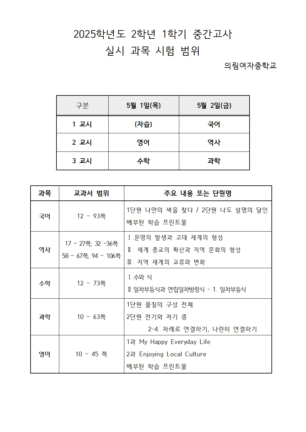 2025학년도 1학기 중간고사 실시 과목별 시험범위 안내002