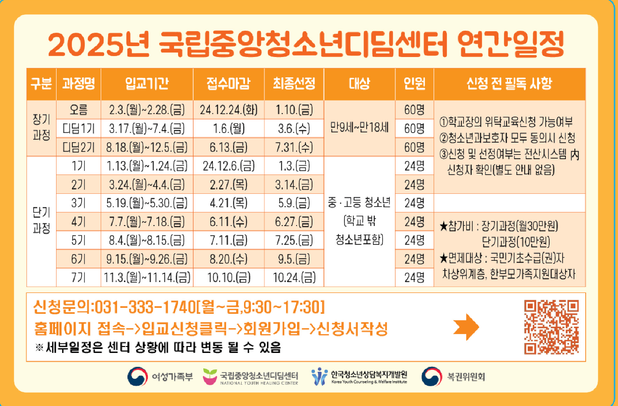 2025년 국립중앙청소년디딤센터 연간일정 안내