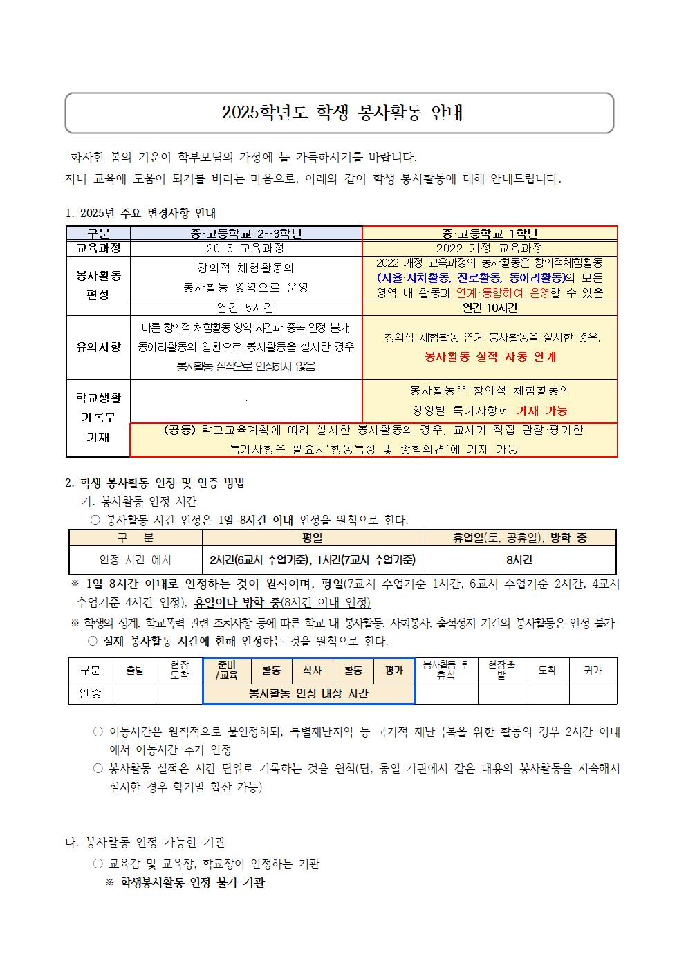 2025 학생 봉사활동 안내 가정통신문_1001