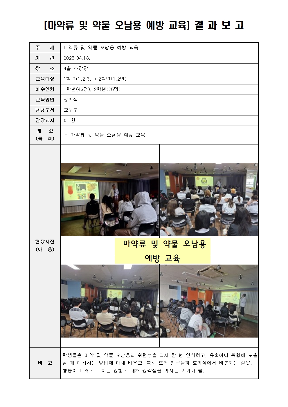 2025년 마약류 및 약물 오남용 예방교육 결과 보고001
