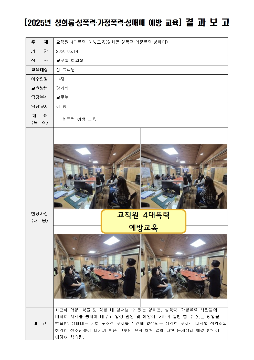 2025년 교직원 4대폭력 예방교육 결과 보고001