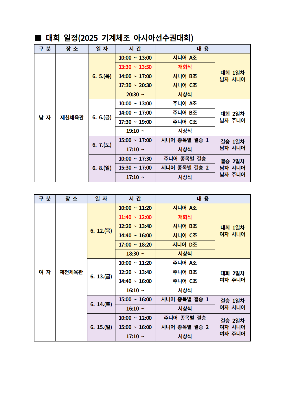 대회 일정(2025 기계체조 아시아선수권대회)001