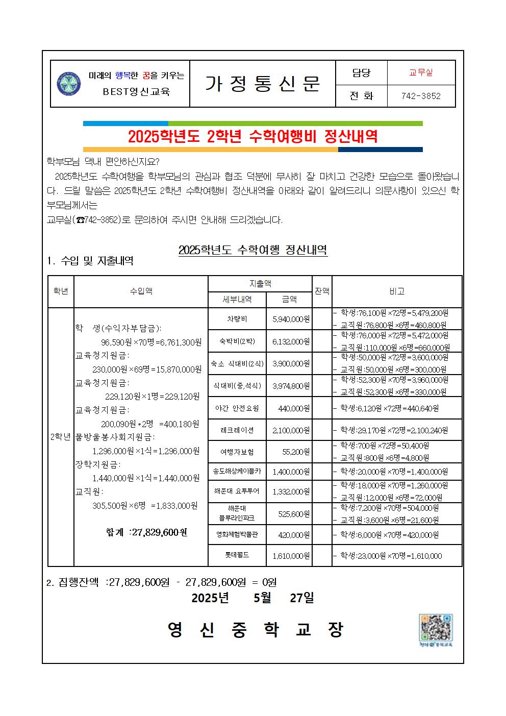 2025학년도 숙박형체험학습(수학여행) 정산내역 가정통신문