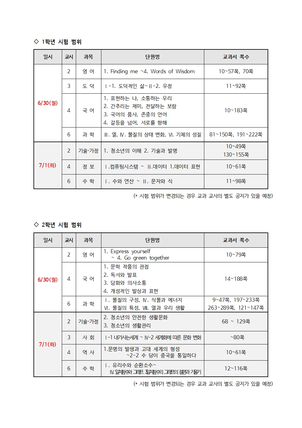 2025. 1학기고사 평가계획 가정통신문003