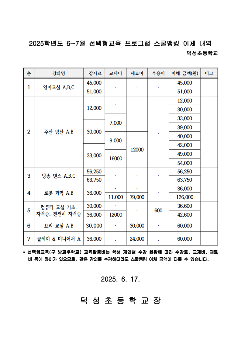 2025. 6~7월 선택형교육(방과후학교) 수강료 스쿨뱅킹 이체 안내 2