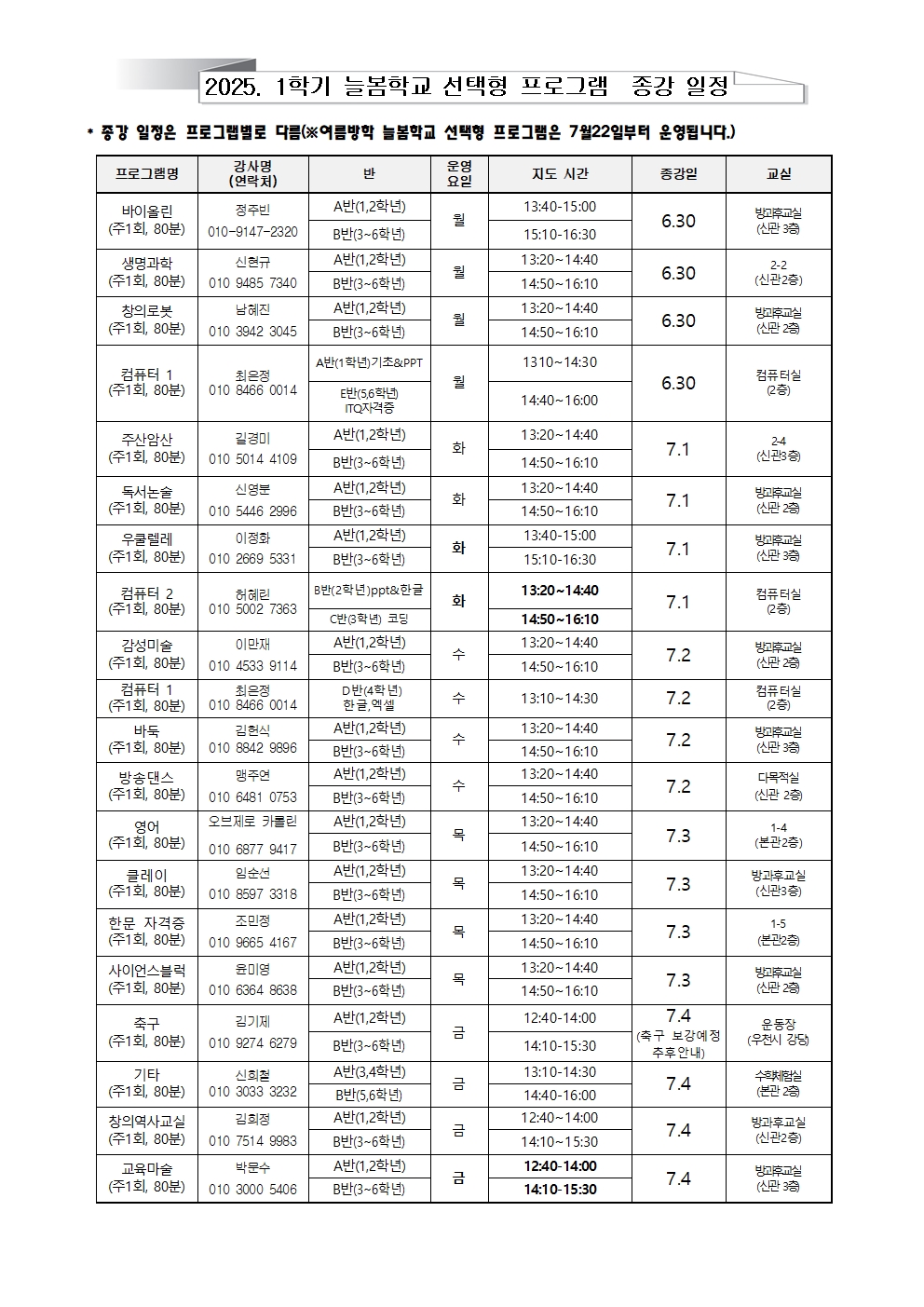 2025. 1학기 늘봄학교 선택형 교육 프로그램  종강일정001