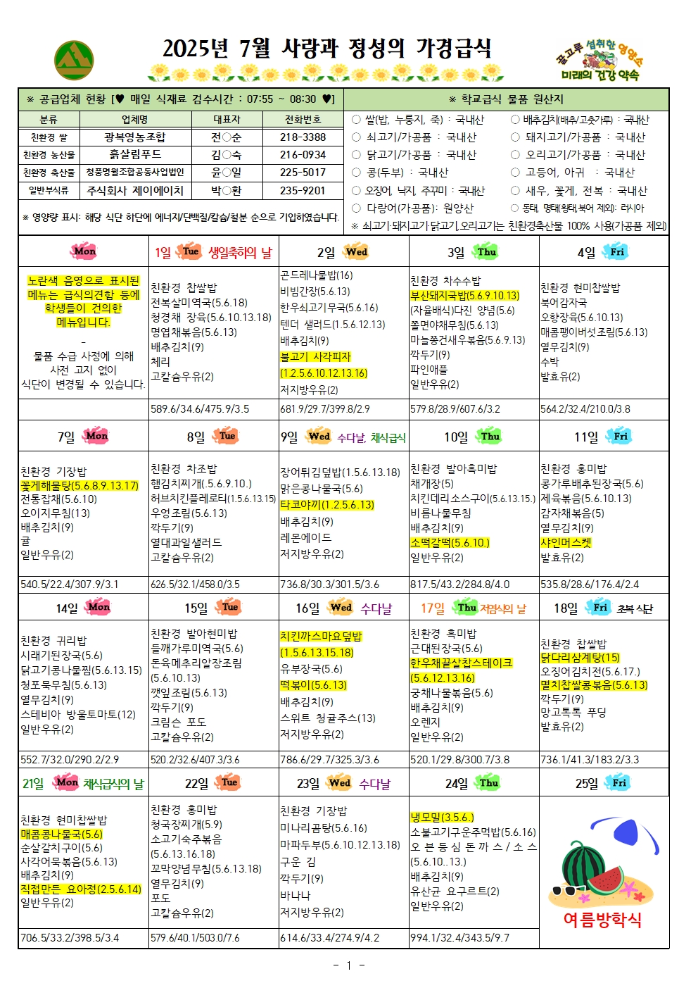 7월 식단표 및 식생활정보 안내 가정통신문001