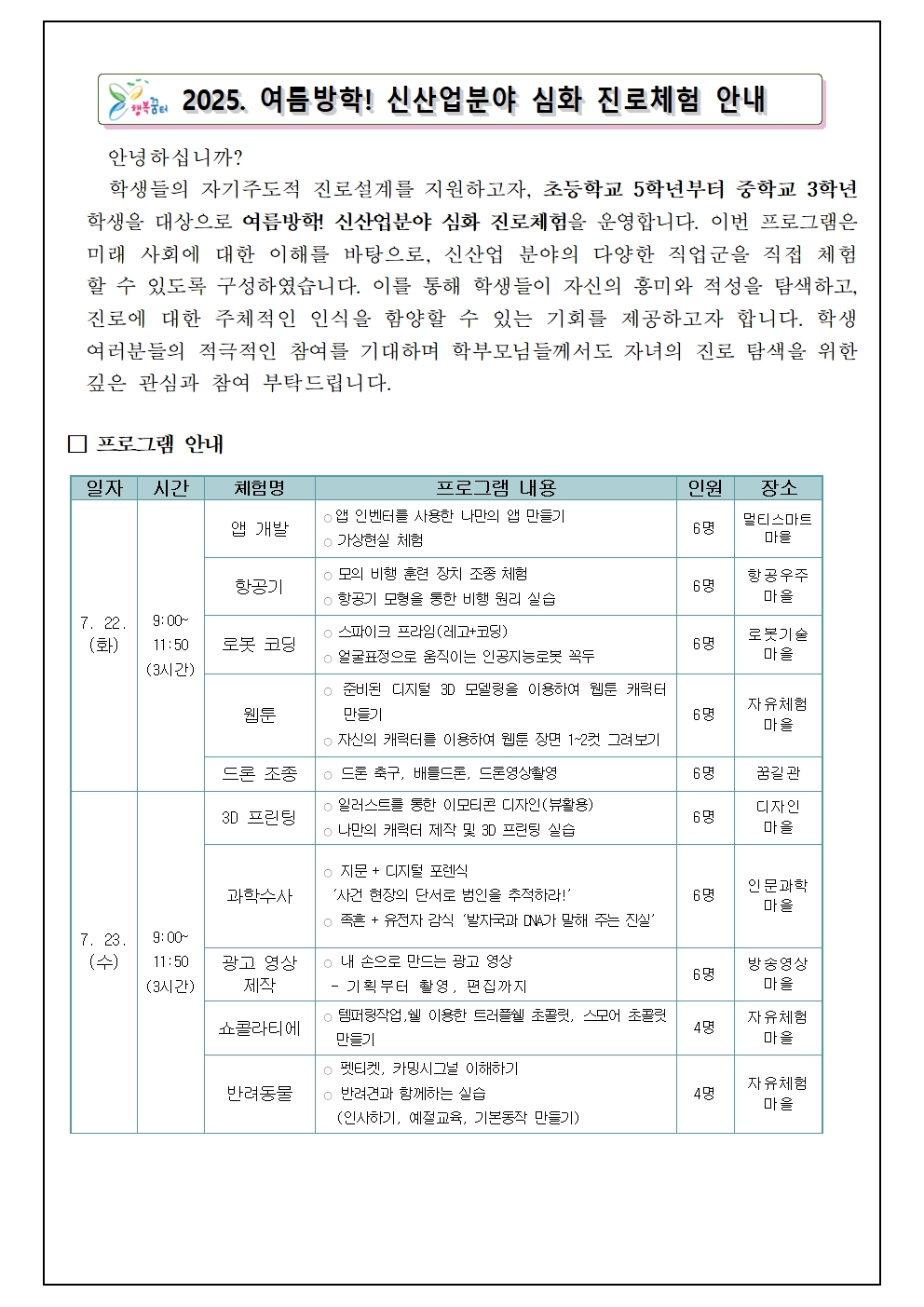 2025. 여름 방학 신산업분야 심화 진로체험 안내001