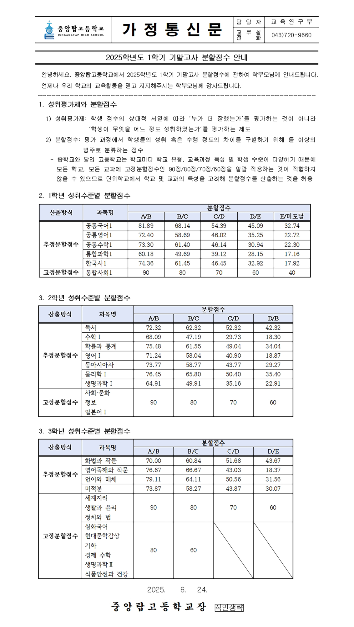 2025. 1학기 기말고사 분할점수 안내 가정통신문