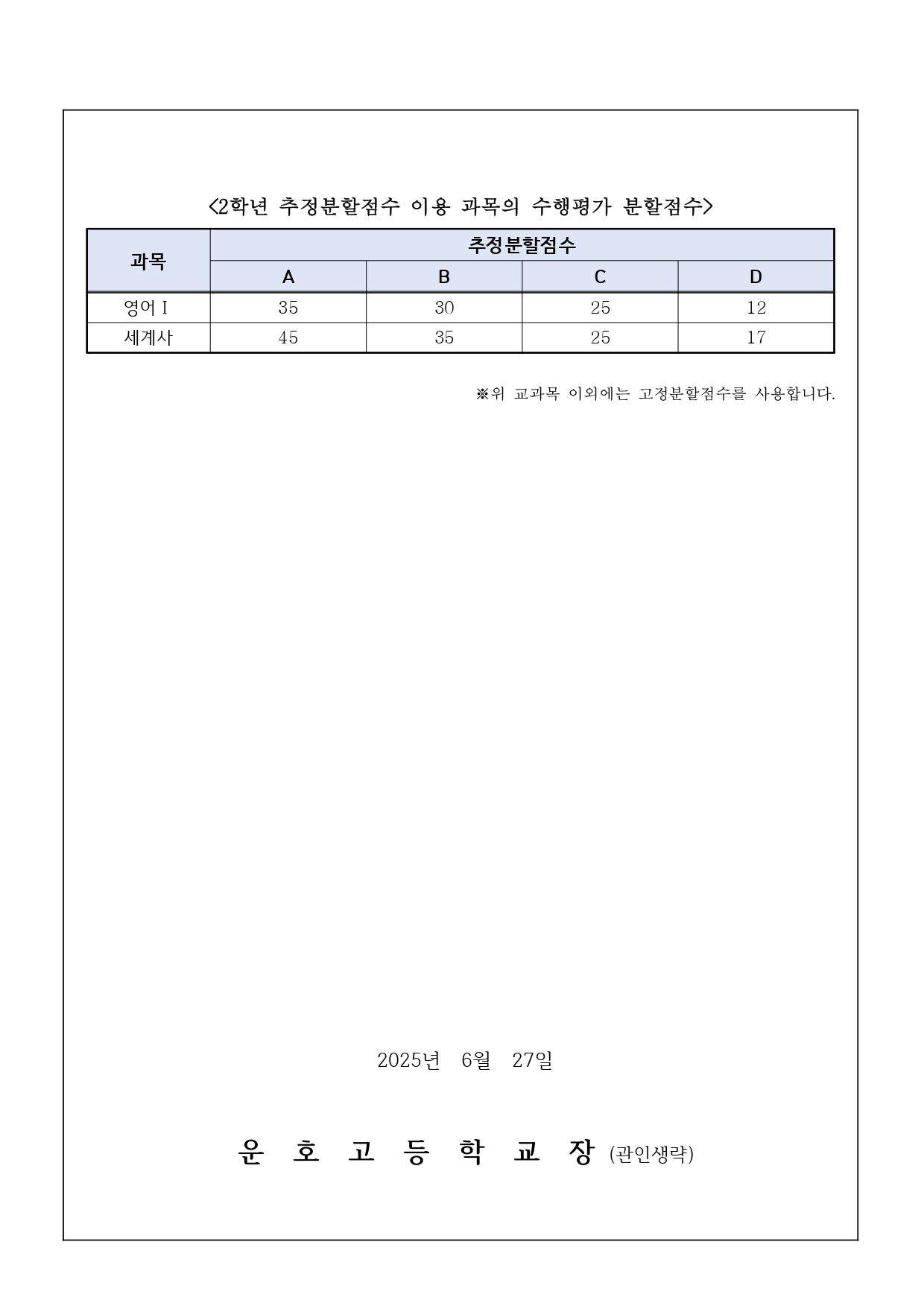 2025학년도1학기 기말고사 및 수행평가 과목별 추정분할 점수 안내 가정통신문_page-0002