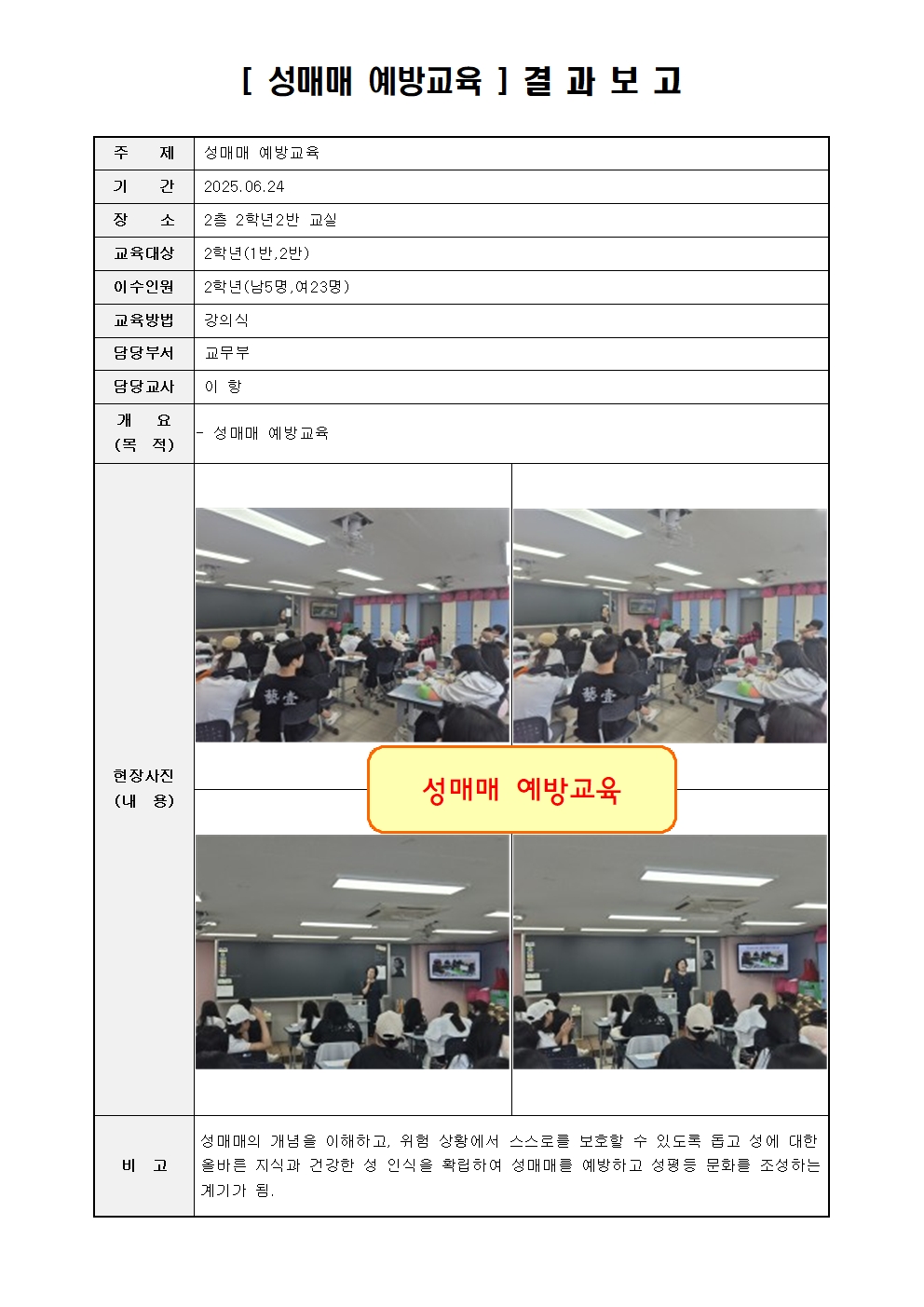 2025년 2학년 성매매 예방교육 결과보고001