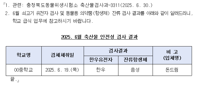 6월 소고기유전자검사 및 유해잔류물질(항생제)검사