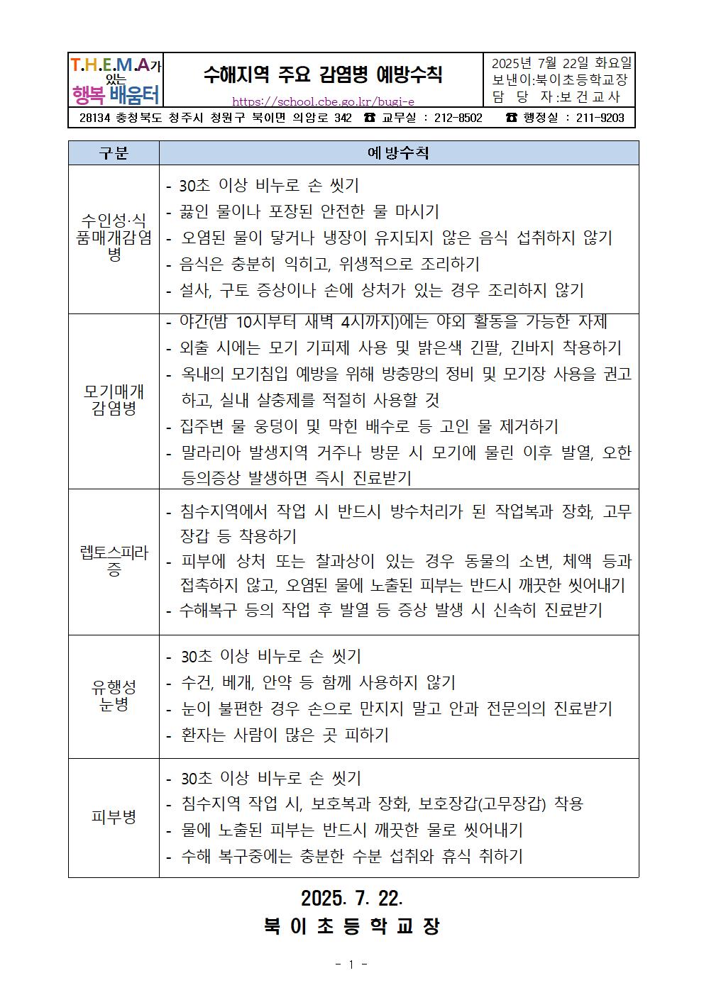 수해지역 주요 감염병 예방수칙(북이초)001