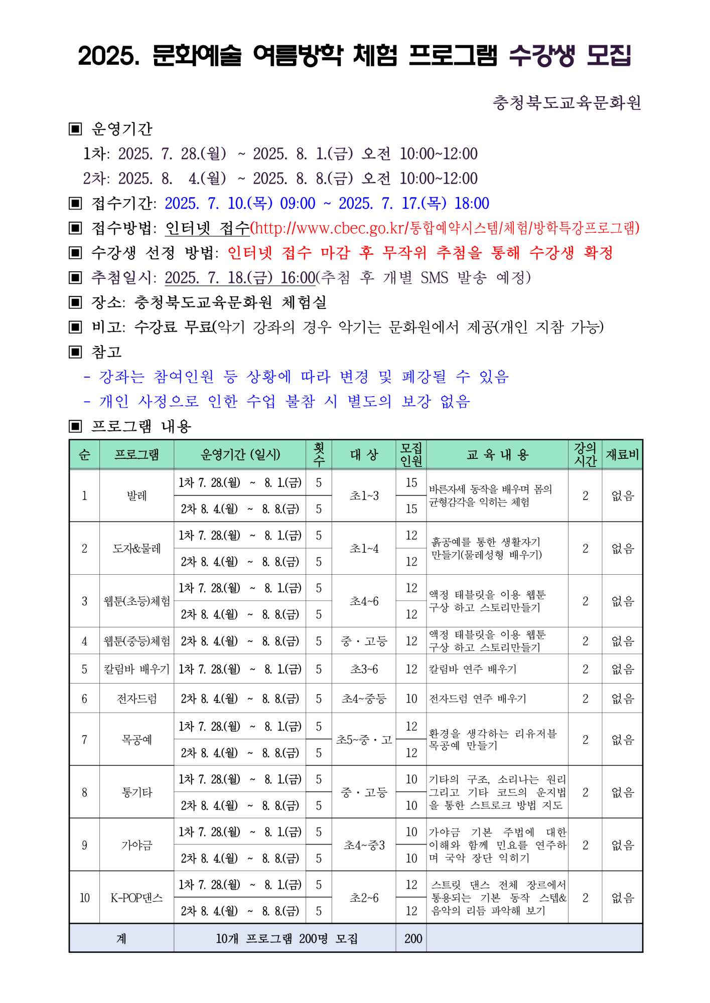 2025년 문화예술 여름방학 체험 프로그램 모집 안내문_1