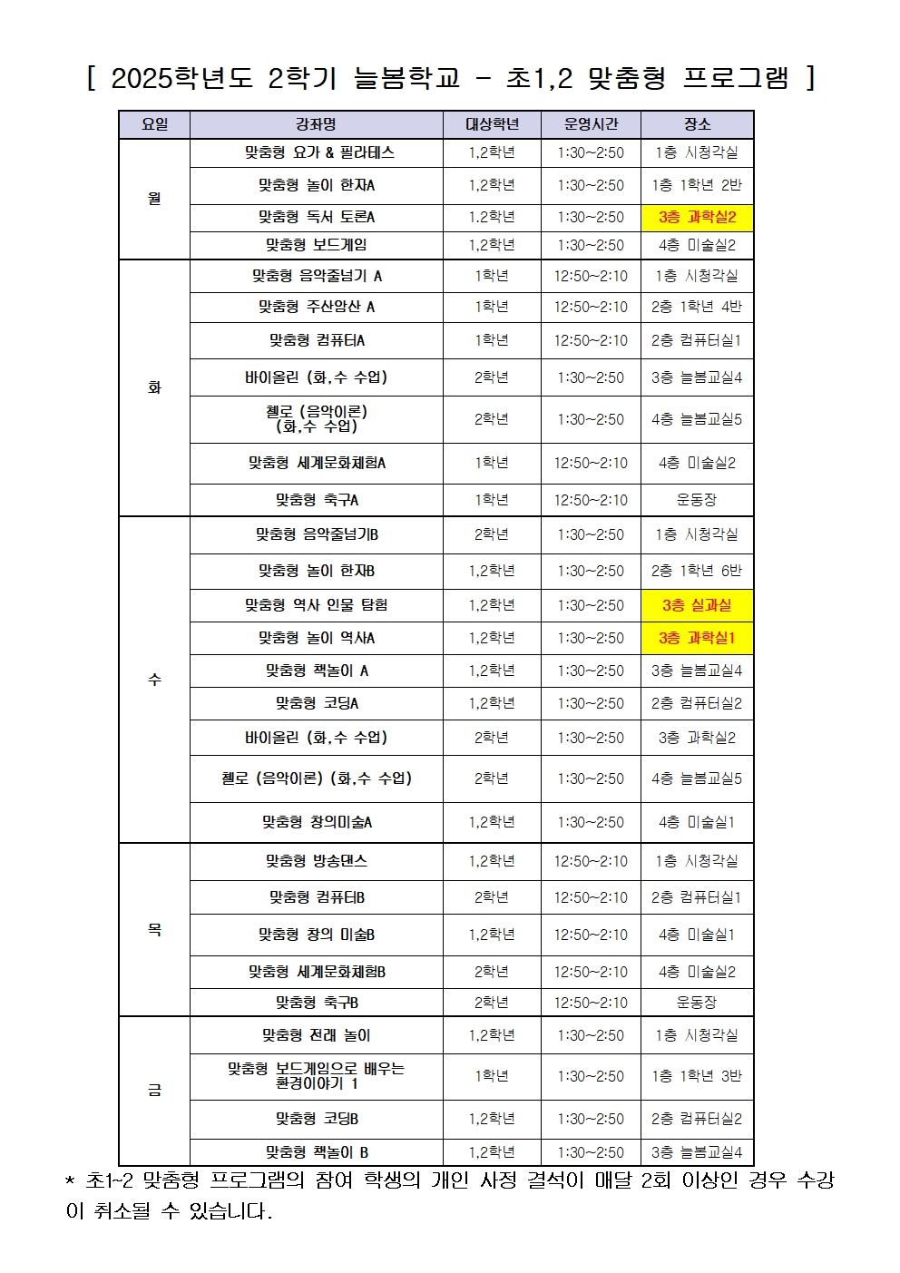 2025. 2학기 늘봄학교 수강 신청 안내장(1-2학년)-장소변경001