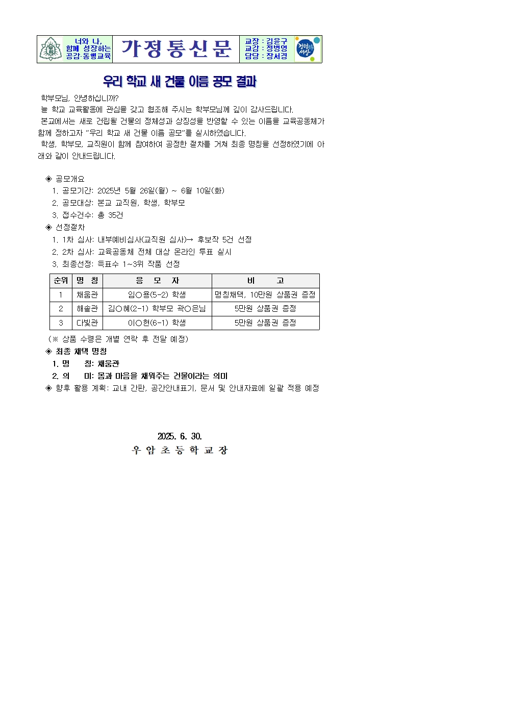 2025. 가정통신문(우리 학교 새 건물 이름 공모 결과)001