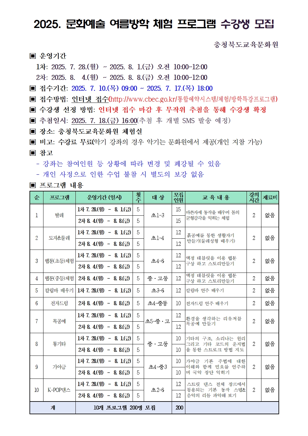 2025년 문화예술 여름방학 체험 프로그램 모집 안내문001