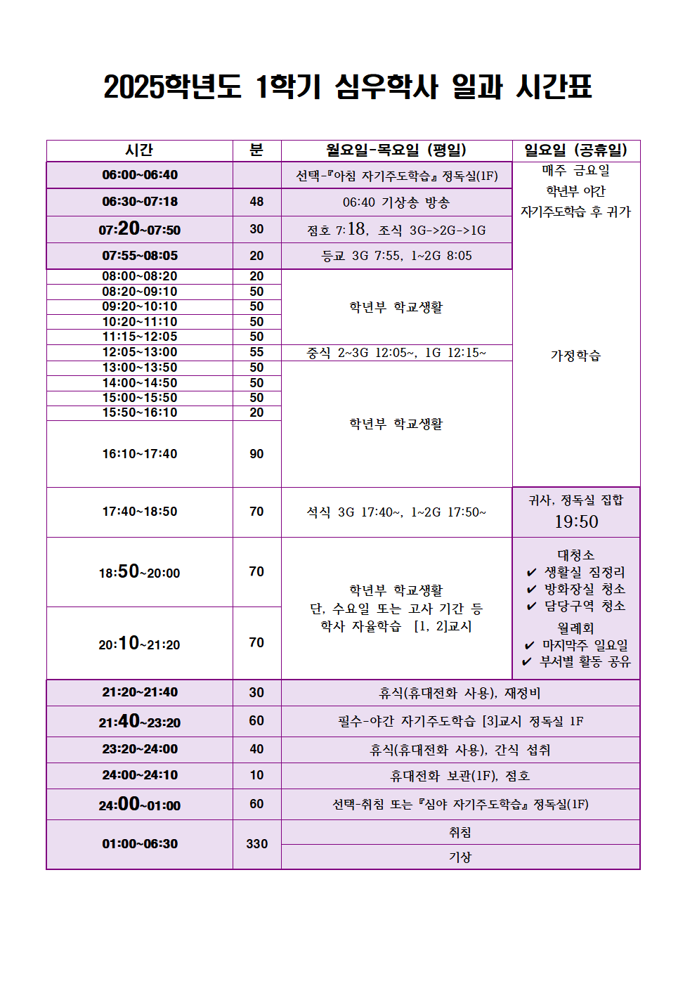 2025학년도 1학기 심우학사 일과 시간표