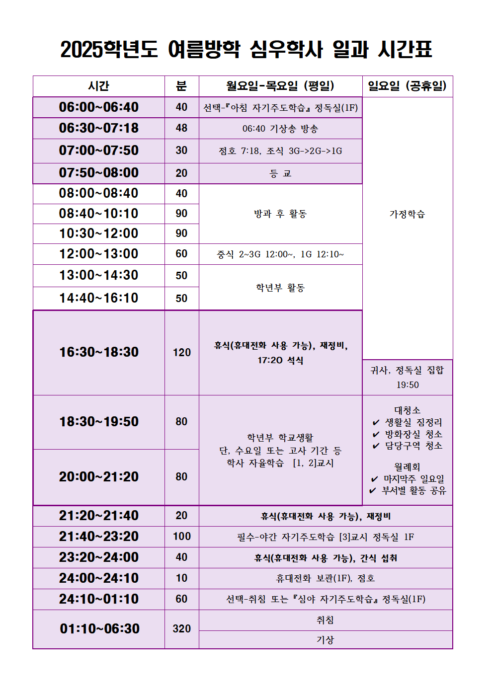 2025학년도 여름방학 심우학사 일과 시간표001