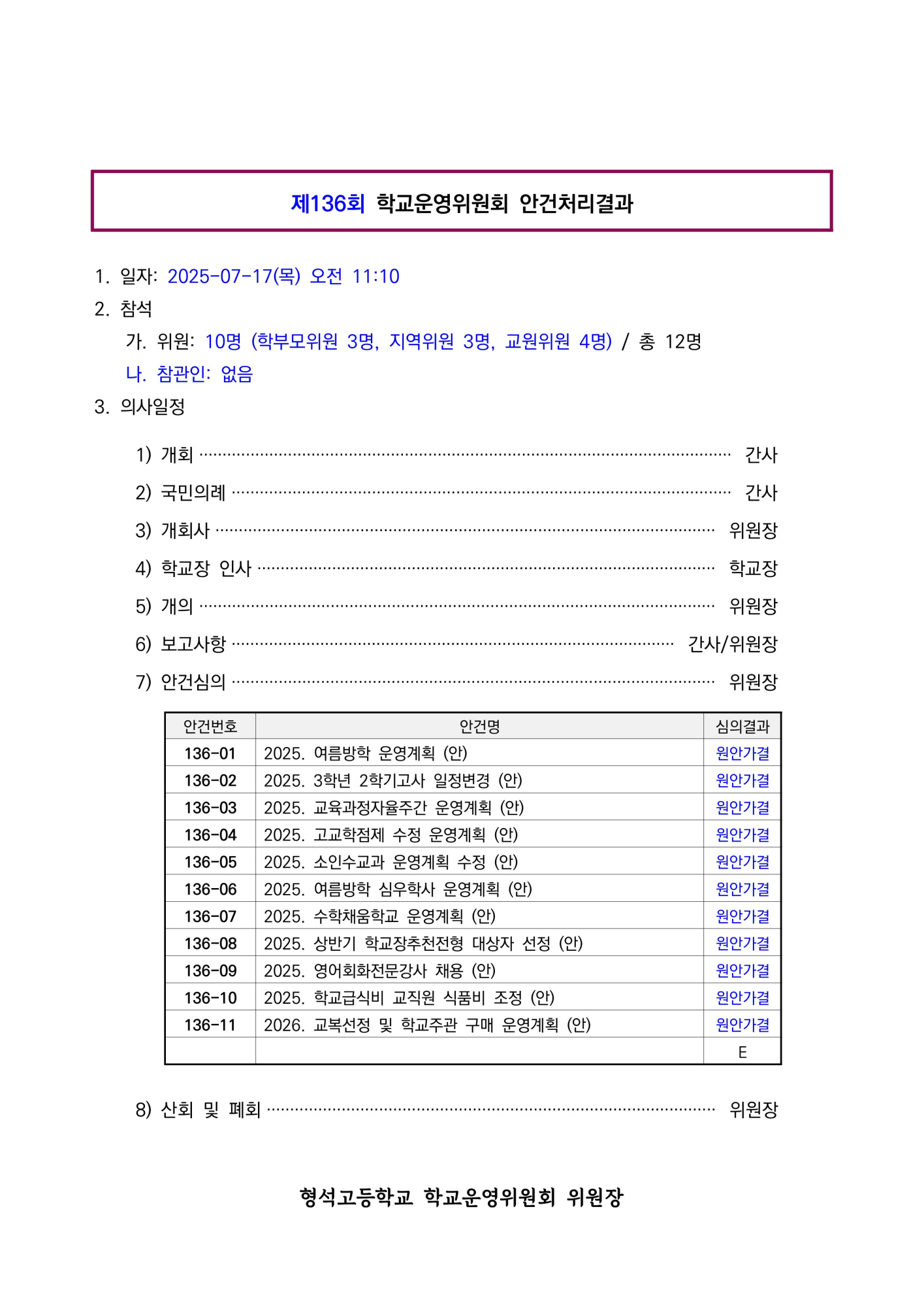 제136회 학교운영위원회 안건처리 결과(홈페이지)