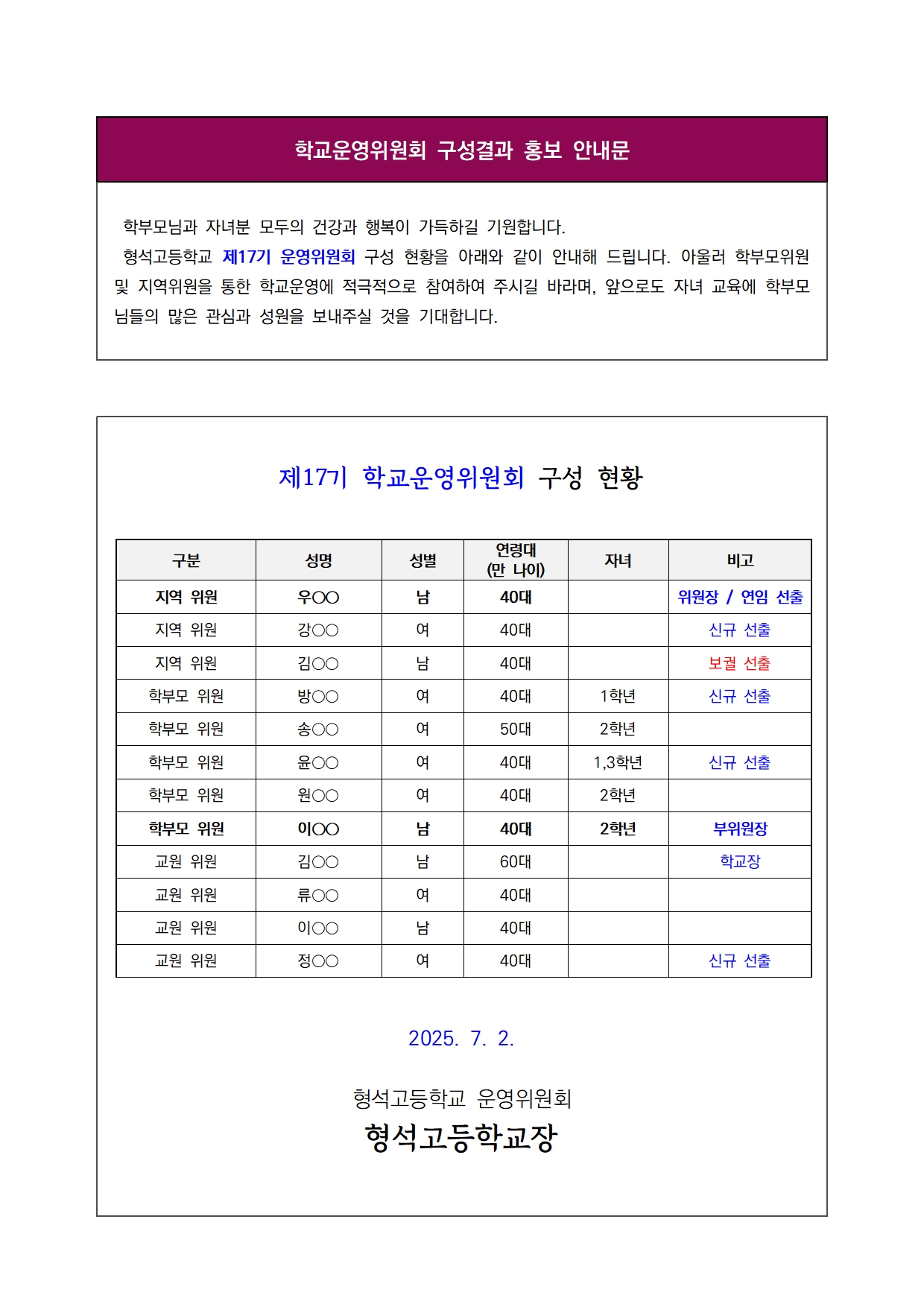[형석고] 학교운영위원회 구성결과 홍보 안내문001