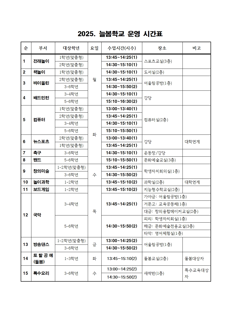 2025. 늘봄학교 운영 시간표