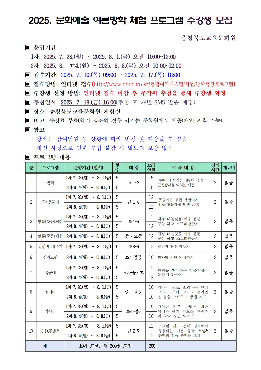 2025년 문화예술 여름방학 체험 프로그램 모집 안내문 001