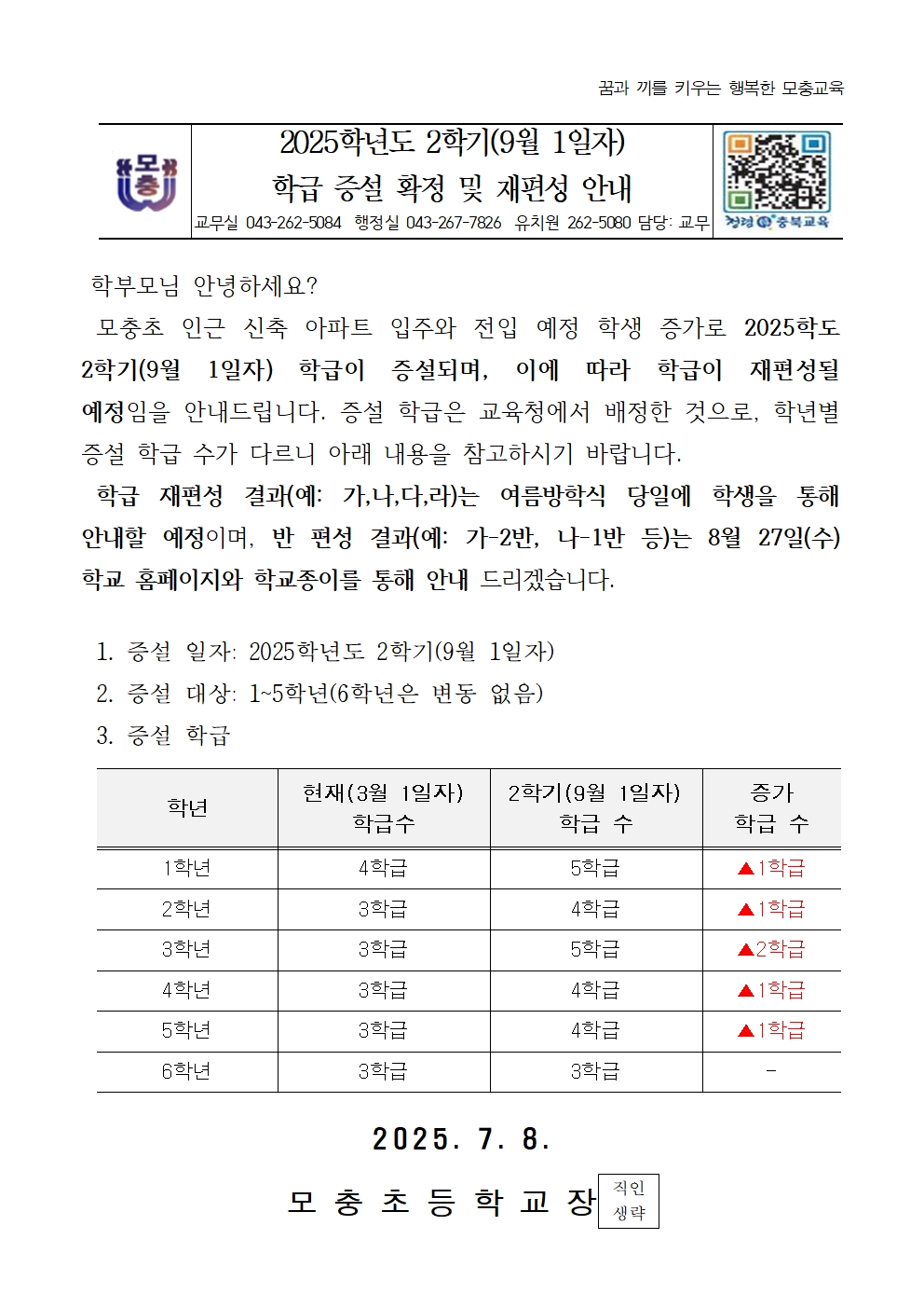 2025학년도 2학기(9월1일자) 학급 증설 확정 및 재편성 안내문001