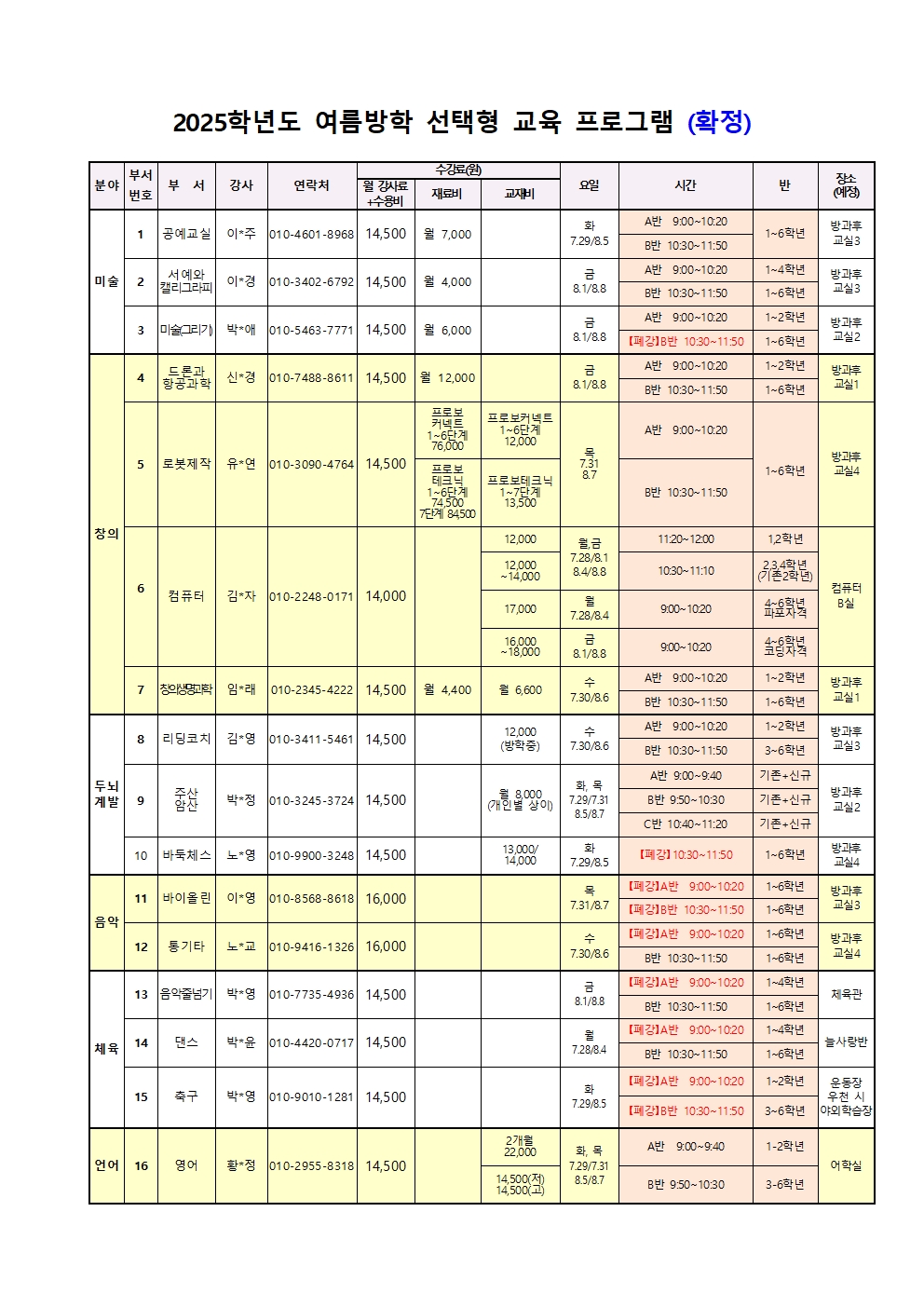 2025. 여름방학 선택형 교육 폐강 및 확정 강좌 안내002