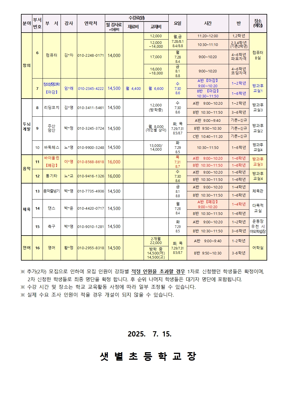 2025학년도 여름방학 선택형 교육 폐강 및 추가 신청 안내002