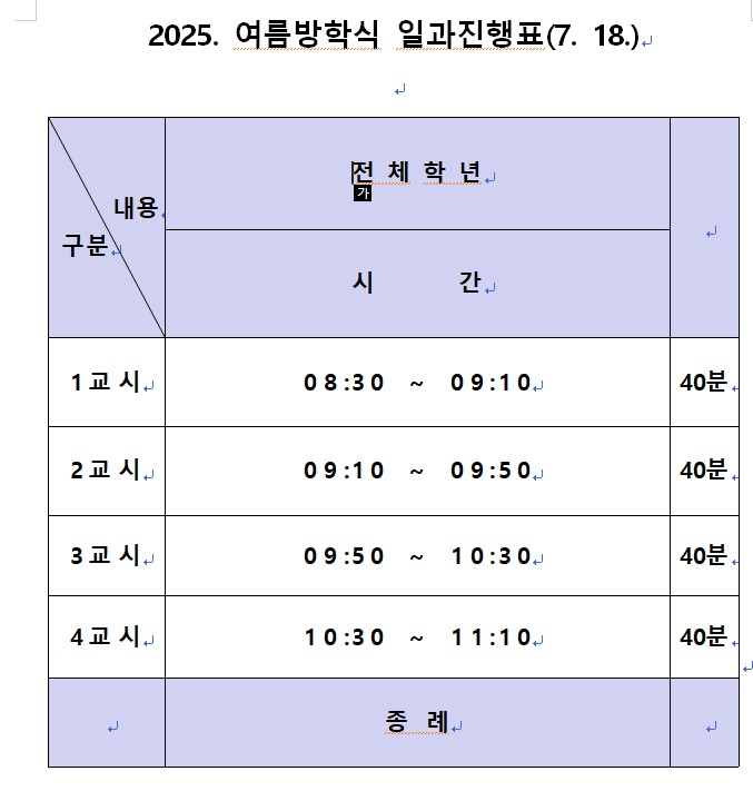 2025. 여름방학식 일과진행표