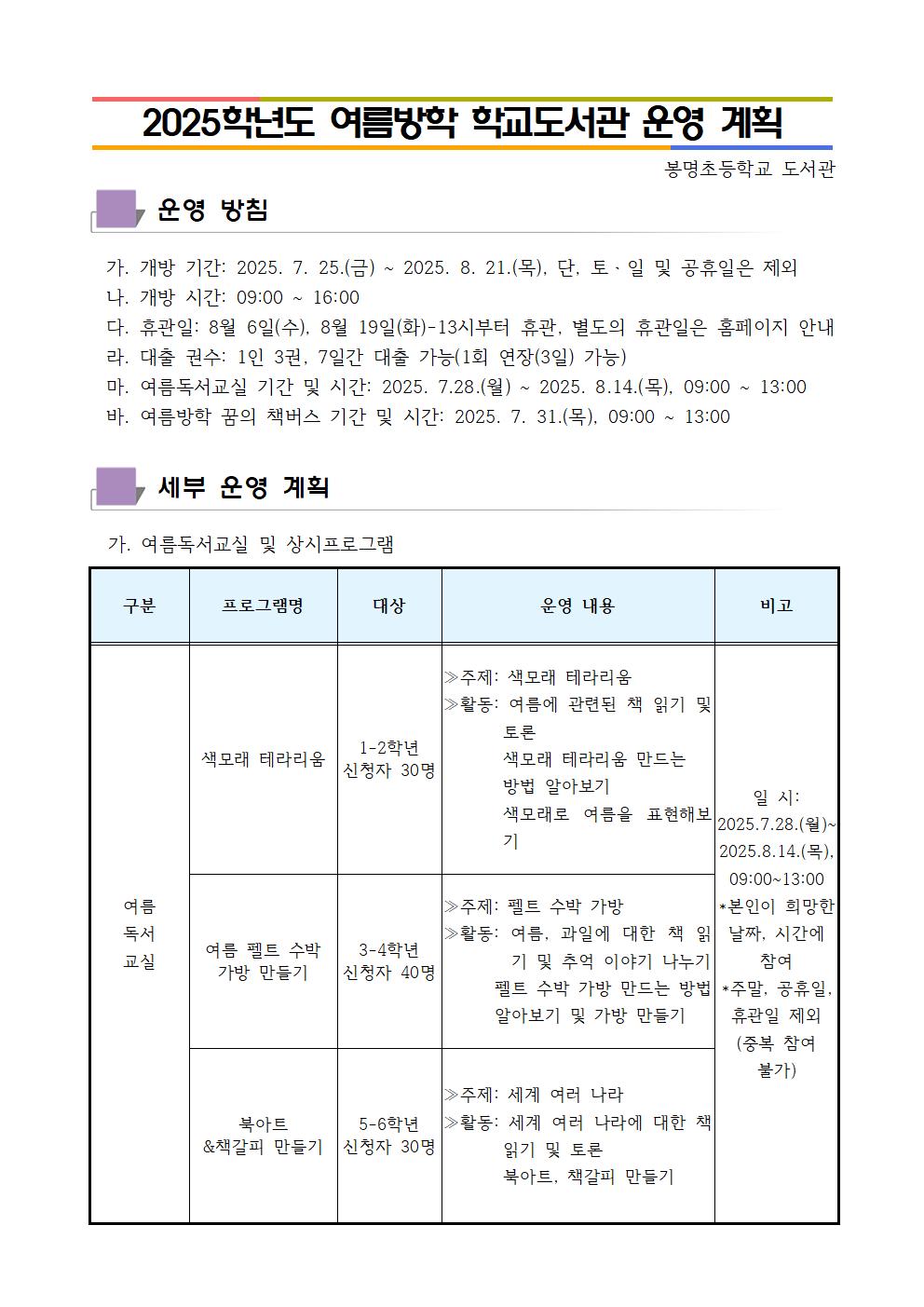 2025학년도 여름방학 학교도서관 운영 계획001