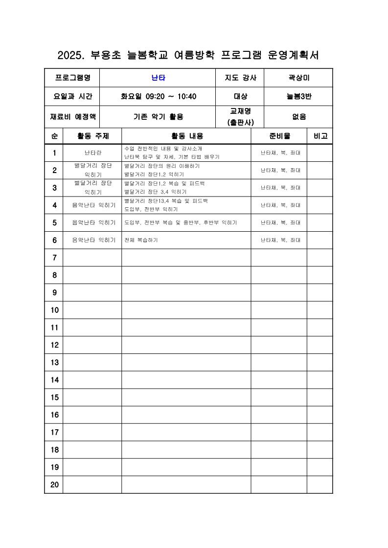 2025. 늘봄학교 여름방학  프로그램(난타) 운영계획서_1
