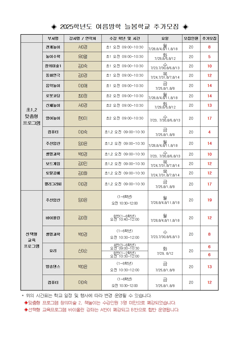 2025. 여름방학 늘봄학교 수강 신청 안내 가정통신문(추가모집)-홈페이지001