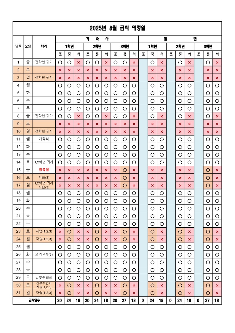 8월 급식예정일