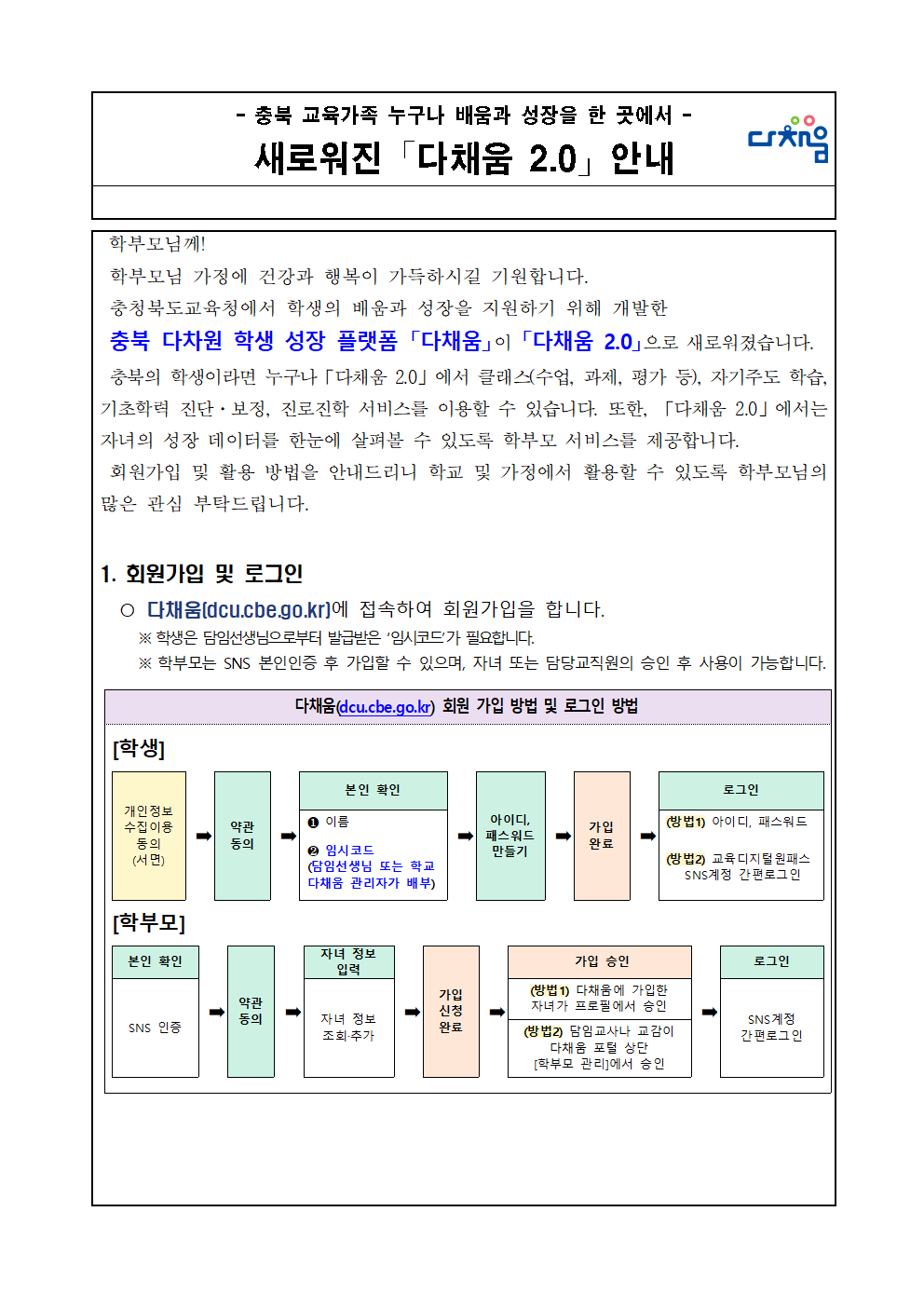 다채움 2.0 안내 가정통신문001