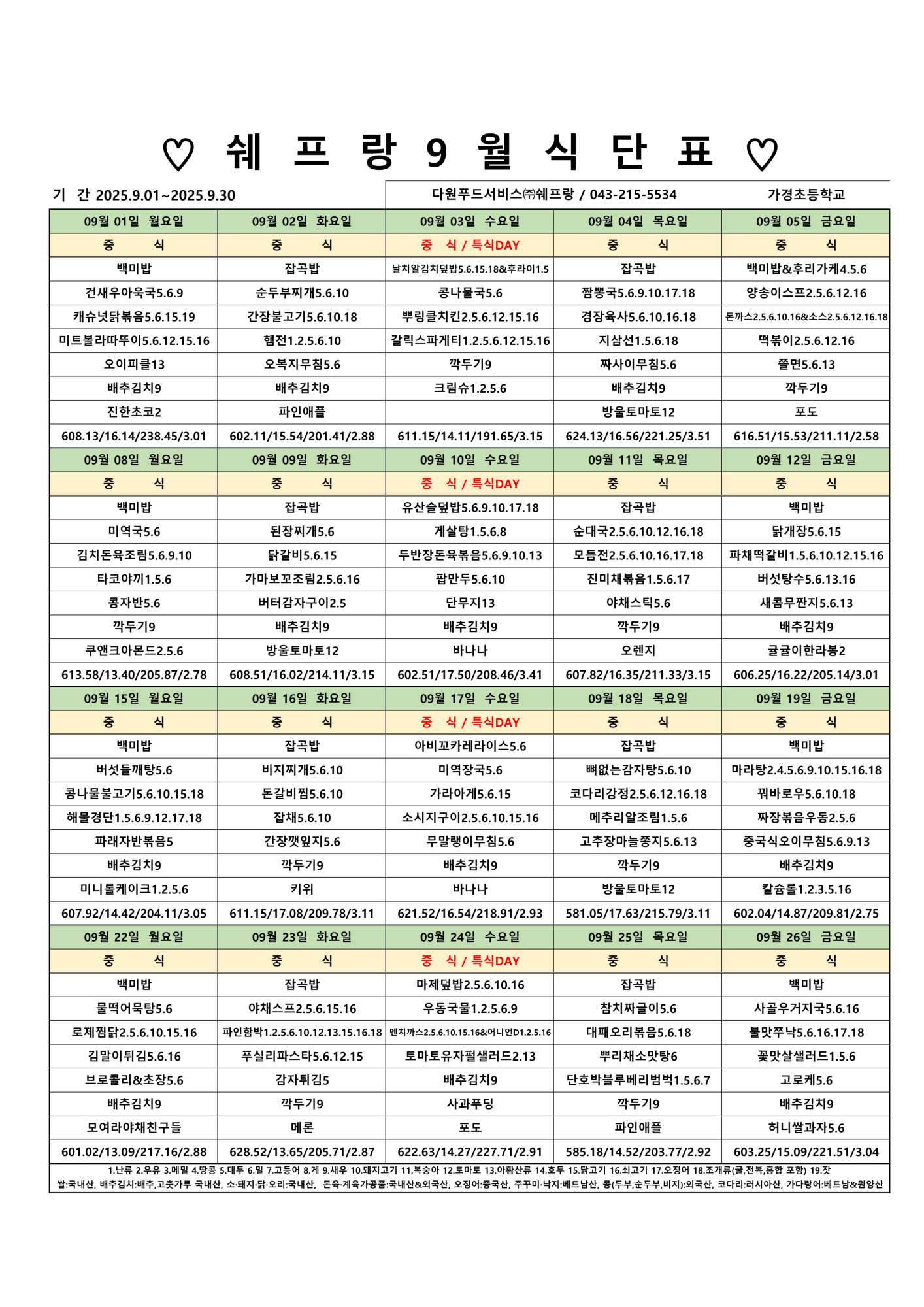 25.9월 식단표(가경초)