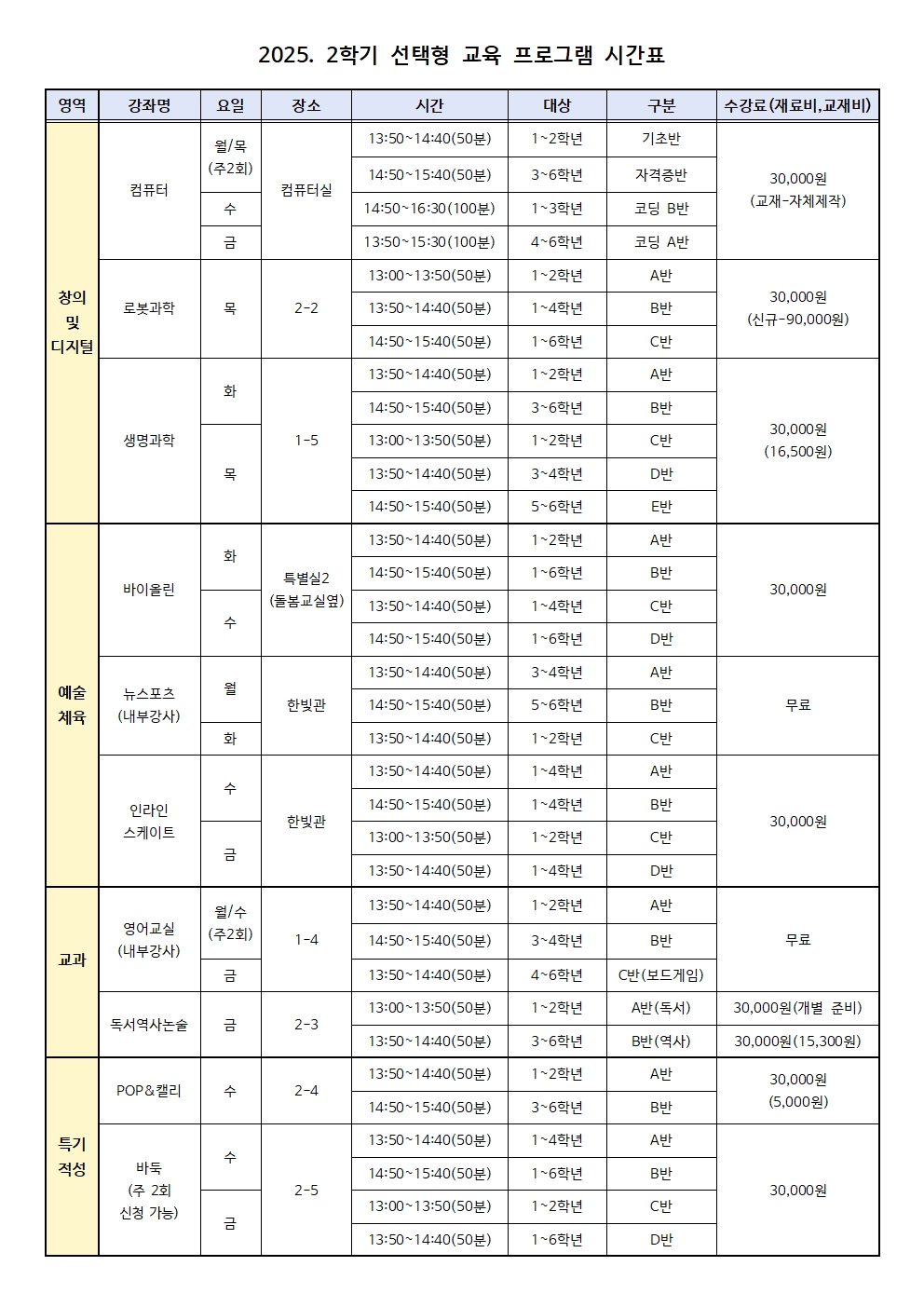 2025. 2학기 선택형 교육 프로그램 시간표