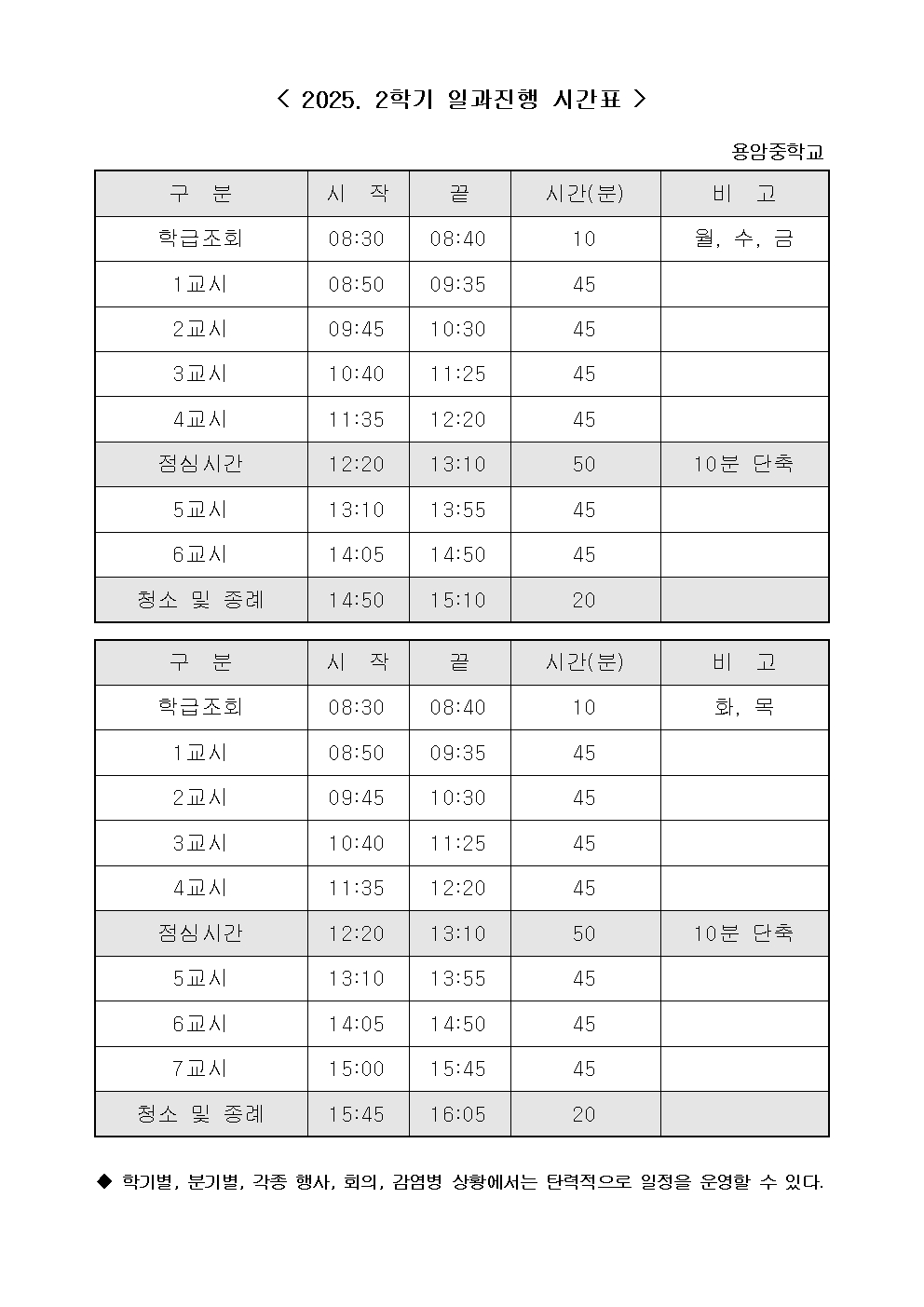 2025. 2학기 일과진행 시간표001