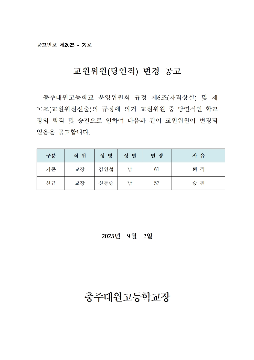 제14기 2025학년도 교원위원 변경 공고