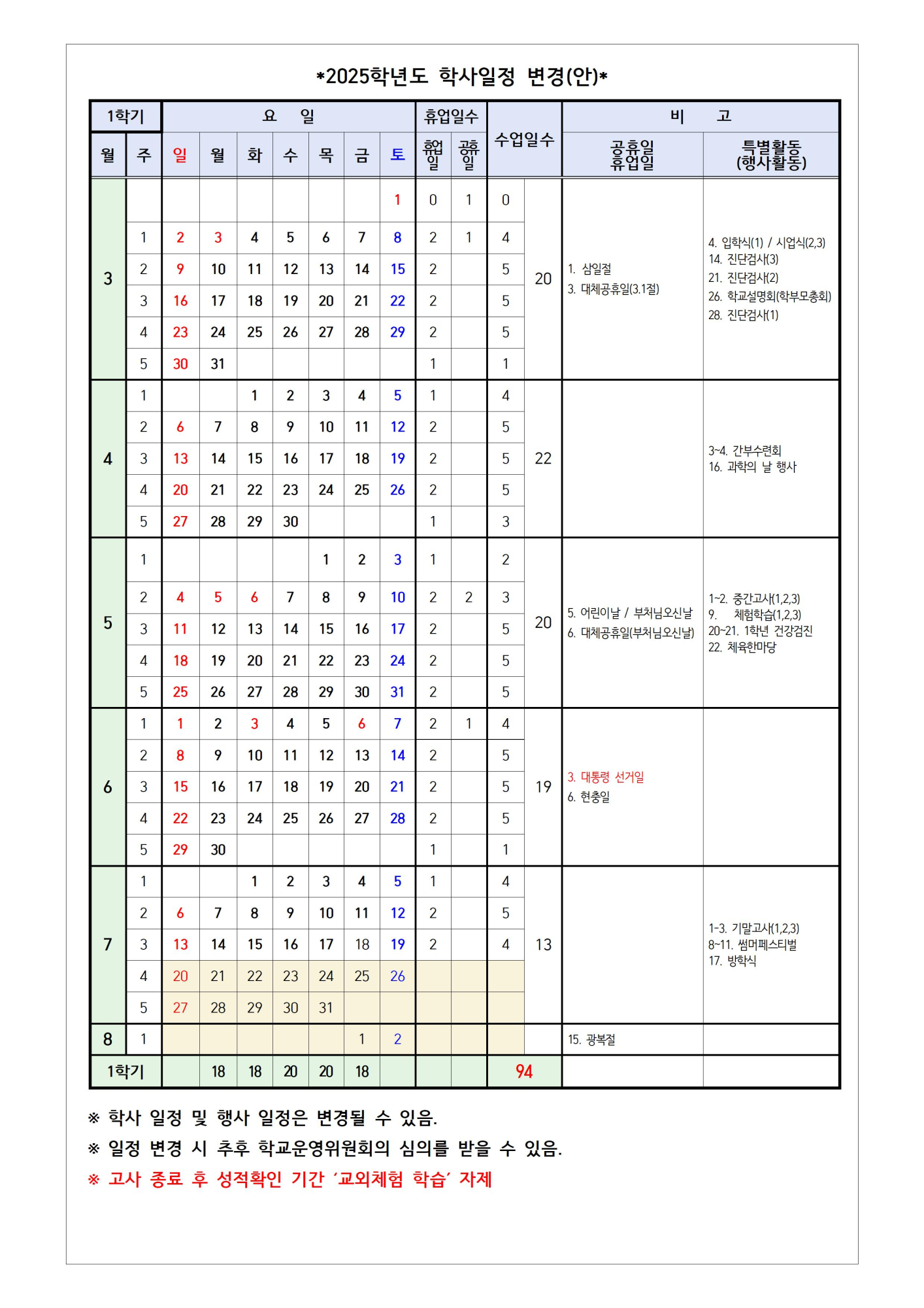 2025학년도 학사일정 변경 안내 가정통신문002